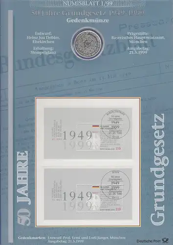 Bundesrepublik Numisblatt 1/1999 50 Jahre Grundgesetz mit 10-DM-Silbermünze
