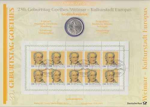 Bundesrepublik Numisblatt 3/1999 Johann Wolfgang v. Goethe mit 10-DM-Silbermünze
