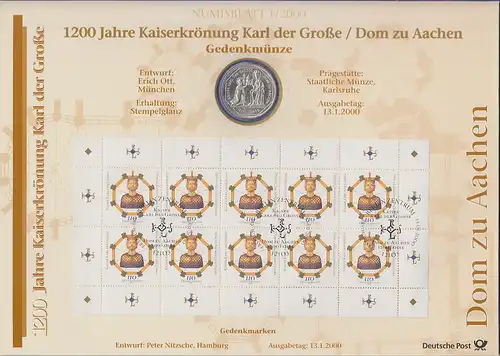 Bundesrepublik Numisblatt 1/2000 Karl der Große Dom Aachen mit 10-DM-Silbermünze