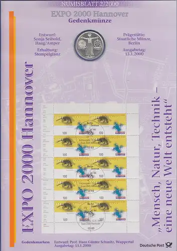 Bundesrepublik Numisblatt 2/2000 EXPO 2000 Hannover mit 10-DM-Silbermünze