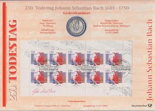 Bundesrepublik Numisblatt 3/2000 Johann Sebastian Bach mit 10-DM-Silbermünze