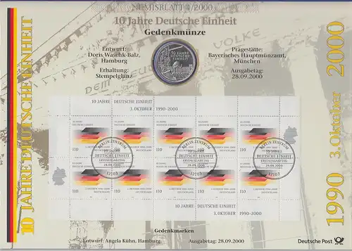 Bundesrepublik Numisblatt 4/2000 10 Jahre Deutsche Einheit mit 10-DM-Silbermünze