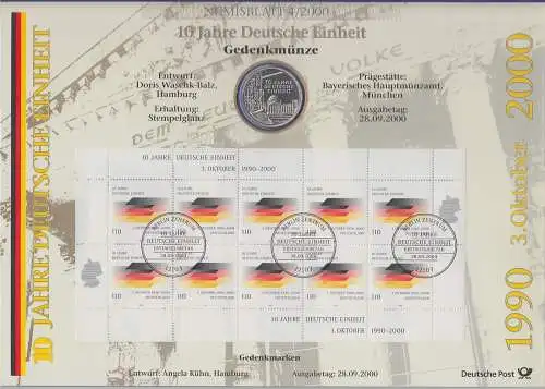 Bundesrepublik Numisblatt 4/2000 10 Jahre Deutsche Einheit mit 10-DM-Silbermünze