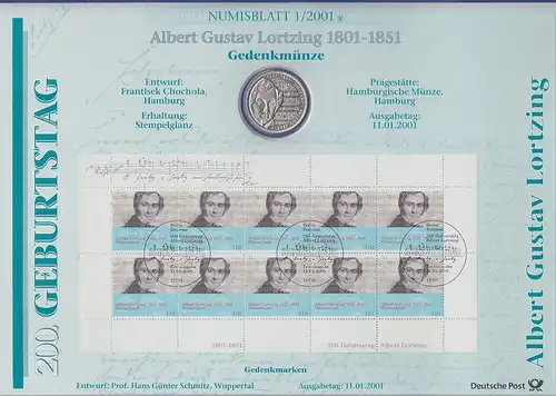 Bundesrepublik Numisblatt 1/2001 Albert Gustav Lortzing mit 10-DM-Silbermünze