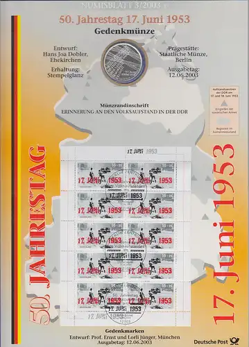 Bundesrepublik Numisblatt 3/2003 17.Juni 1953 mit 10-Euro-Silbermünze 