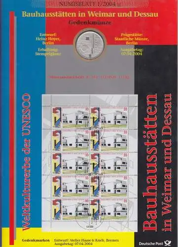 Bundesrepublik Numisblatt 1/2004 Bauhaus Weimar/Dessau mit 10-Euro-Silbermünze 