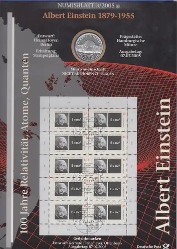 Bundesrepublik Numisblatt 3/2005 Albert Einstein mit 10-Euro-Silbermünze 