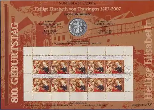 Bundesrepublik Numisblatt 5/2007 Elisabeth von Thüringen mit10-Euro-Silbermünze 