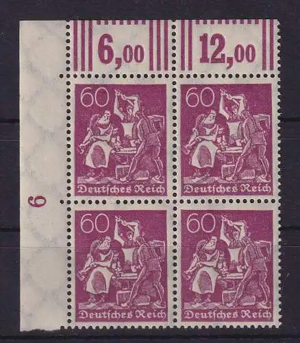 Dt. Reich 1921 Arbeiter 60 Pf Mi.-Nr. 184 Eckrandviererblock OL postfrisch **