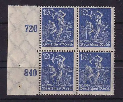 Dt. Reich 1921 Arbeiter 120 Pf  Mi.-Nr. 188 Seitenrandviererblock postfrisch **