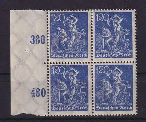 Dt. Reich 1921 Arbeiter 120 Pf  Mi.-Nr. 188  Seitenrandviererblock postfrisch **