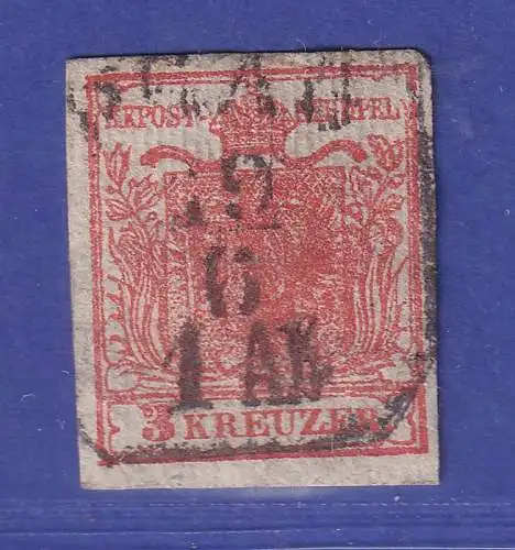Österreich 1850 Wappen 3 Kr Mi.-Nr. 3XR geripptes Papier O PRAG gpr. PFENNINGER