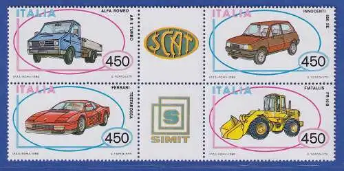 Italien 1986 Autos 4er-Zusammendruck  Mi.-Nr. 1980-83 **