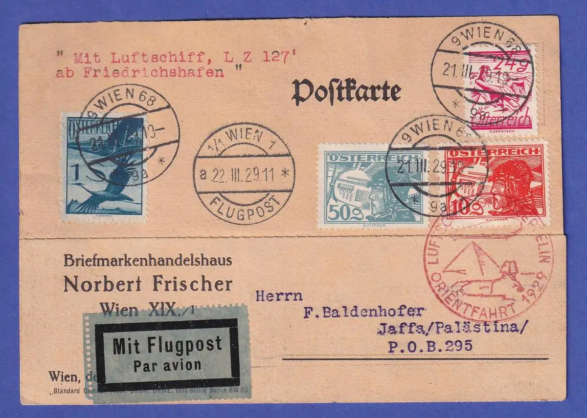 Österreich-Zuleitung zu Zeppelin-Orientfahrt 22.3.1929 Karte bis nach Jaffa