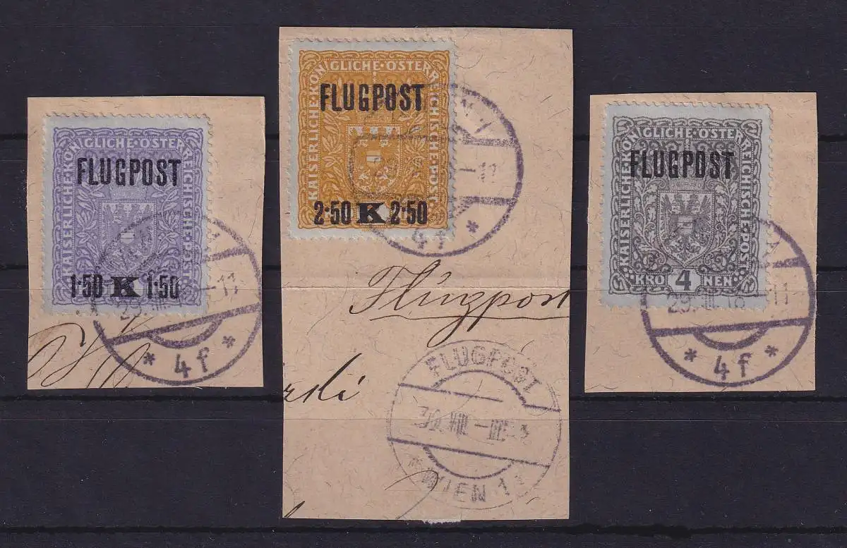Österreich 1918 Flugpostmarken Wappen Mi.-Nr. 225-227 xA  O auf Briefstücken