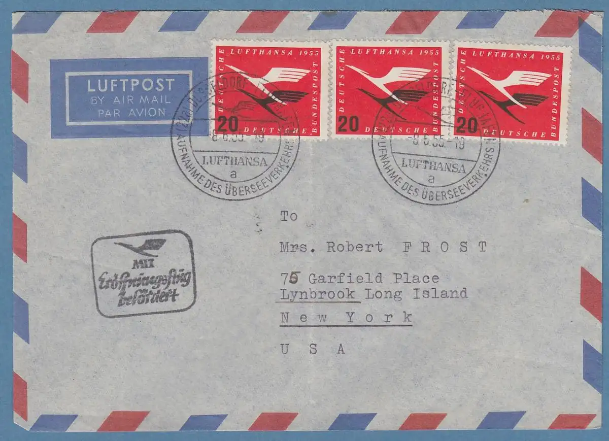 Bund Lufthansa 20Pfg 3x als MEF auf Lp-Brief nach New York 
