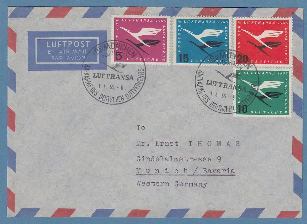 Bund Lufthansa kpl. Satz auf FDC So.-O MÜNCHEN 1.4.55 