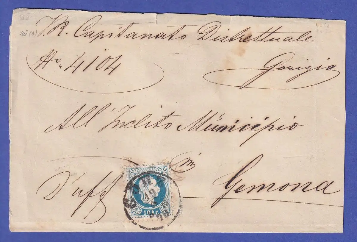 Österreich 10 Kr Mi.-Nr. 38 II auf Brief O GÖRZ nach GEMONA (Friaul) 1878