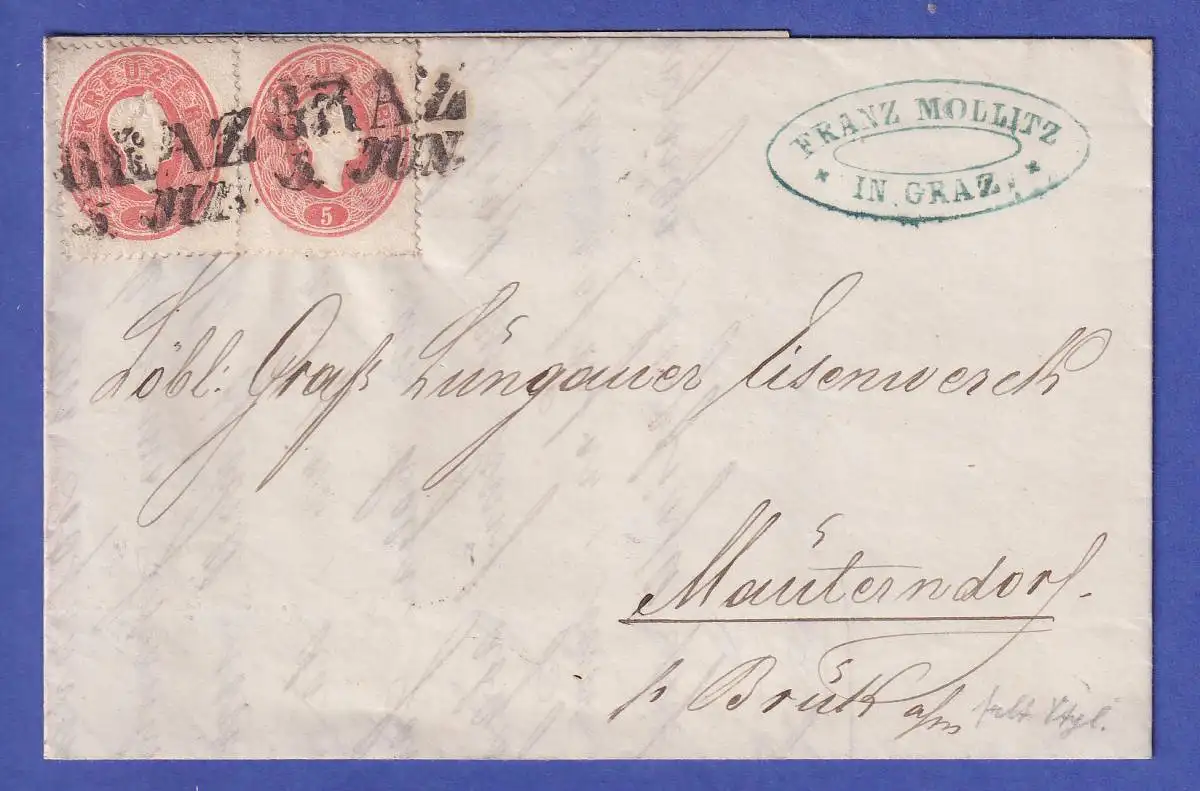 Österreich Franz Joseph 5 Kr Mi.-Nr. 20 a als MEF auf Brief mit Zweizeiler GRAZ