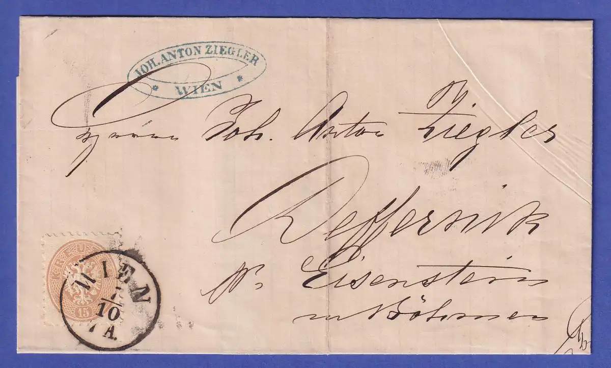 Österreich 15 Kr Mi.-Nr. 34 auf Brief O WIEN nach EISENSTEIN (Böhmen) 1865