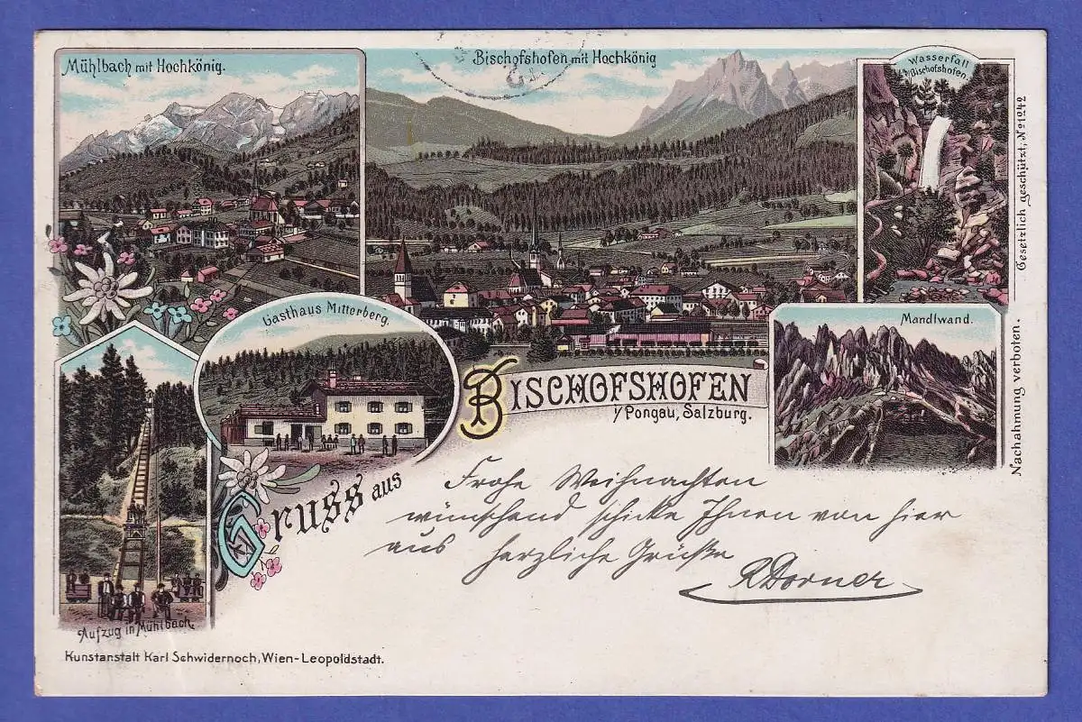 Österreich 2 Kr Mi.-Nr. 51 O ST. JOHANN im PONGAU auf AK BISCHOFSHOFEN 1890er