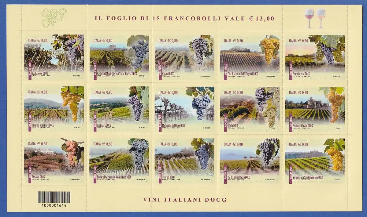 Italien 2014 Weinbaugebiete Mi.-Nr. 3735-49 Folienbogen **