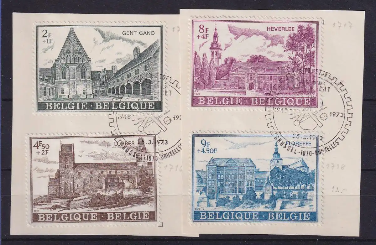 Belgien 1973 Gebäude Mi.-Nr. 1715-1718 mit So.-O auf Briefstücken