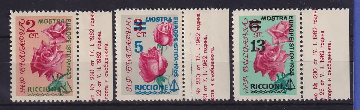 Bulgarien 1963 Briefmarkenausstellung Riccione Mi.-Nr. 1391-1393 Randstücke **