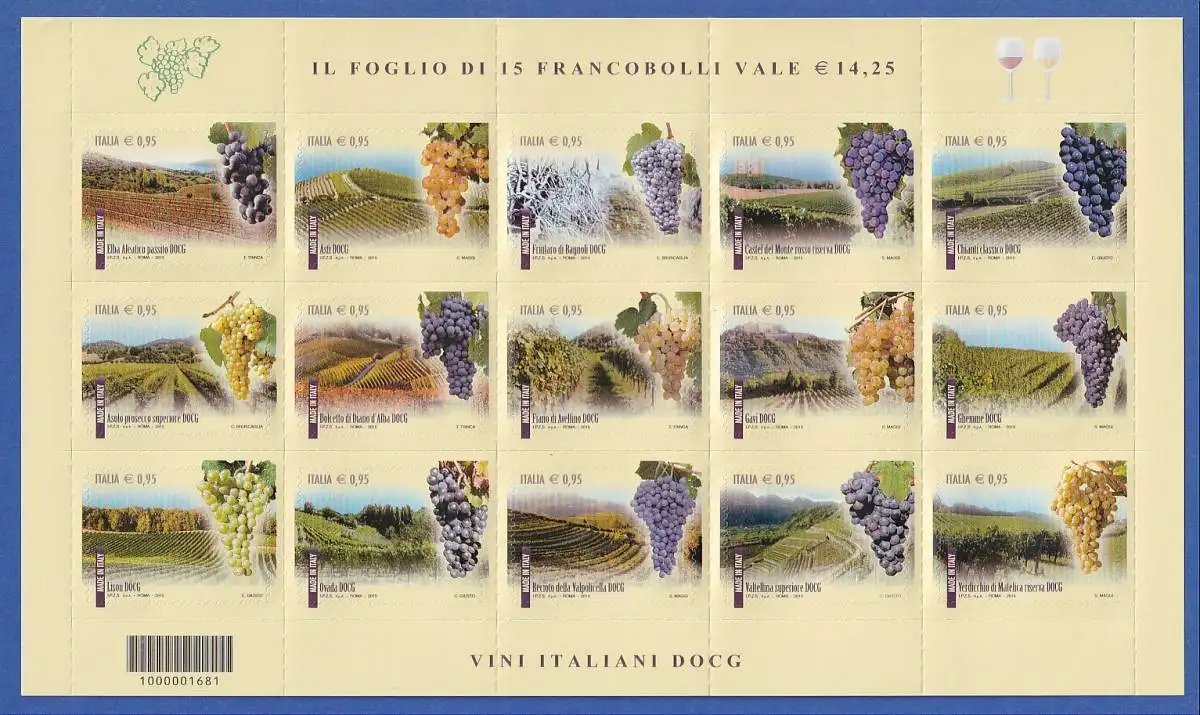 Italien 2015 Weinbaugebiete Mi.-Nr. 3837-51 Folienbogen **