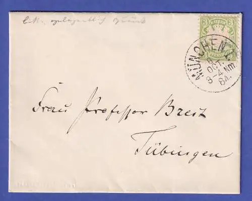 Bayern 3 Pf grün Mi.-Nr. 37 b auf Brief aus München nach Tübingen 1884