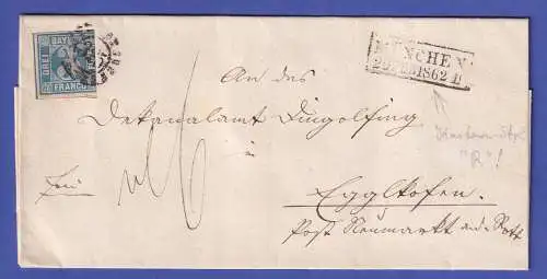 Bayern 3 Kr blau Mi.-Nr. 2 II auf Brief aus München nach Egglkofen 1862