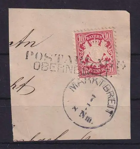 Bayern 10 Pf karmin Mi.-Nr. 39 b mit Postablage-O OBERNBREIT auf Briefstück
