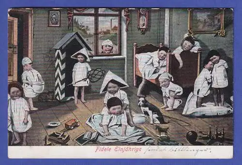 Bayern Mi.-Nr. 65 x O MÜNCHEN auf drolliger Bildpostkarte Fidele Einjährige 1903