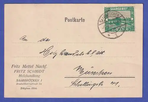 Saargebiet 1922 Freimarke 10 C Mi.-Nr. 86 O SAARBRÜCKEN auf Postkarte n. München