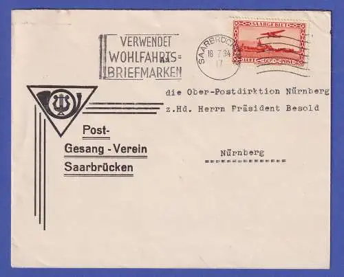 Saargebiet 1934 Luftpostmarke 60 C Mi.-Nr. 158 O SAARBRÜCKEN auf Brief