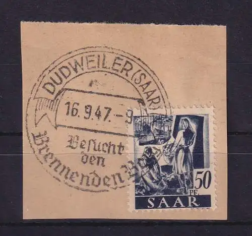 Saarland 1947 Bäuerinnen Mi.-Nr. 220 Z  So.-O DUDWEILER auf Briefstück gpr. NEY
