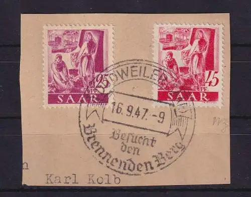 Saarland 1947  Mi.-Nr. 216 Z, 219 Y mit So.-O DUDWEILER auf Briefstück gpr. NEY