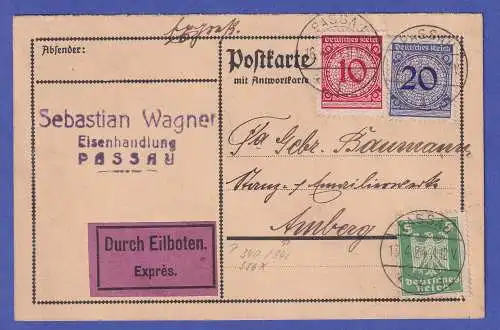 Dt. Reich 1924 Mi.-Nr. 340, 341 und 356 X O PASSAU auf Postkarte nach Amberg