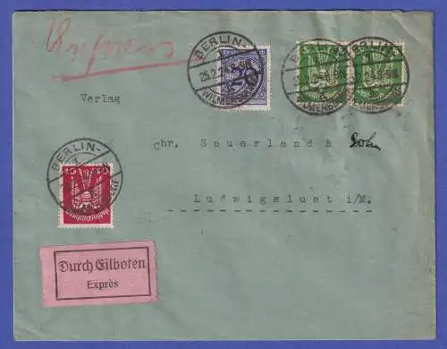 Dt. Reich 1924 Mi.-Nr. 341, 344, 345 O BERLIN auf Eil-Brief nach Ludwigslust
