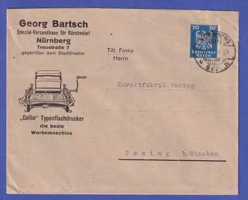 Dt. Reich 1924 Mi.-Nr. 358 O NÜRNBERG Brief nach Pasing