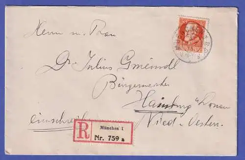 Bayern 1915 Ludwig III. 30 Pf Mi.-Nr. 99 I auf R-Brief O MÜNCHEN