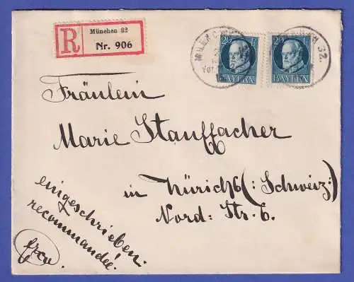 Bayern 1915 Ludwig III. 20 Pf Mi.-Nr. 97 I als MEF auf R-Brief O MÜNCHEN nach CH