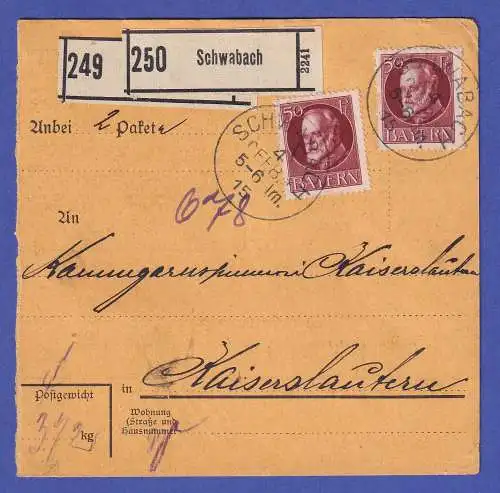 Bayern 1915 Ludwig III. Mi.-Nr. 102 I als MEF auf Paketbegleitkarte O SCHWABACH