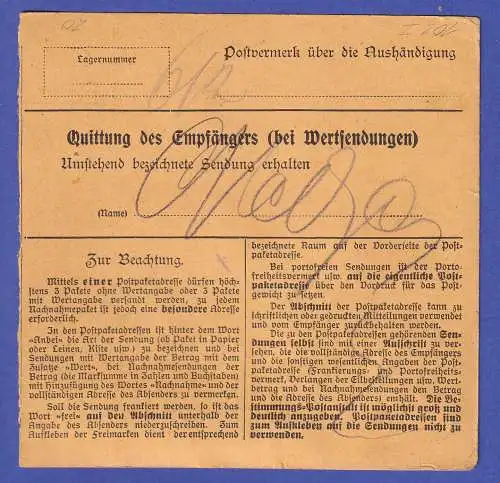 Bayern 1915 Ludwig III. Mi.-Nr. 102 I als MEF auf Paketbegleitkarte O SCHWABACH