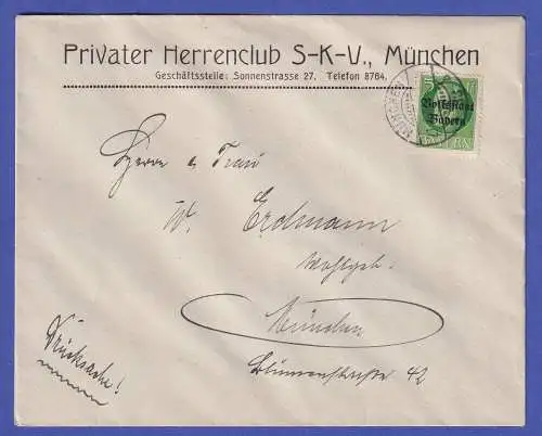 Bayern 1919 Volksstaat Mi.-Nr. 116 II a auf Brief O MÜNCHEN, Herrenclub S-K-V