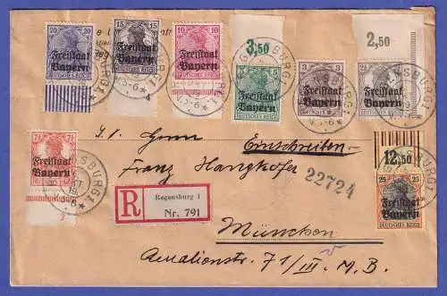 Bayern 1919 Freistaat Mi.-Nr. 136-143 auf R-Brief O REGENSBURG, meist Randstücke