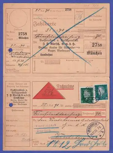 Dt. Reich 1928 F. Ebert Mi.-Nr. 412 und 415 auf Nachnahme-Karte O LANDSHUT