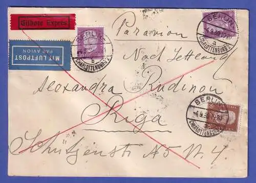 Dt. Reich 1930  Mi.-Nr. 418 und 420 in MiF auf Lp-Eil-Brief v. Berlin nach Riga