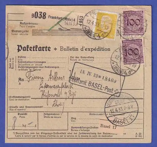 Dt. Reich 1933 Mi.-Nr. 343 und 437 in MiF auf Paketkarte O FRANKFURT (MAIN)