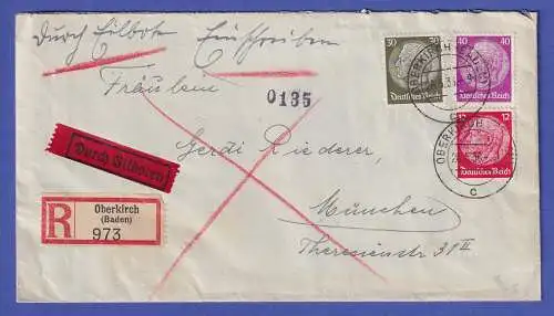 Dt. Reich 1936 Mi.-Nr. 519, 523, 524 als MiF auf Eil-R-Brief O OBERKIRCH (BADEN)
